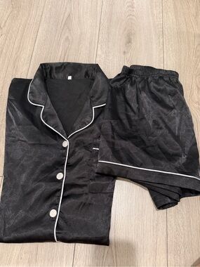 Black Satin Pajama Set with White Piping